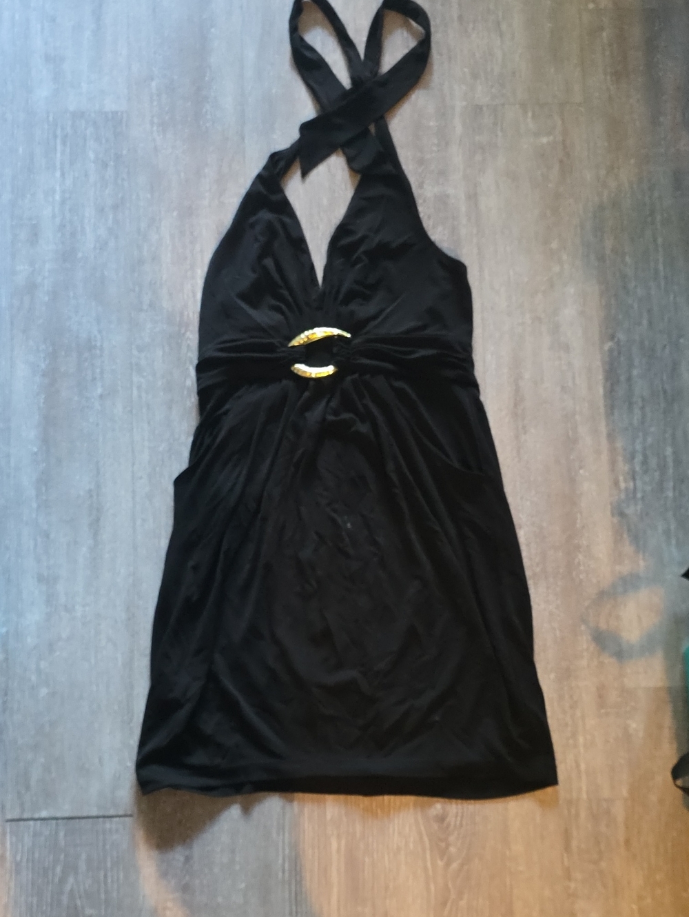 BCBGMaxAzria Black Halter Mini Dress with Gold Accent